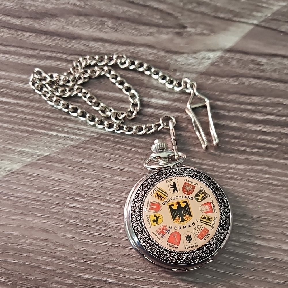 Silver Pocket Watch with Chain Deutschland GERMANY eagle Vintage